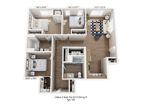 Floor plan for 3 beds, 2 baths, 1204 sqft